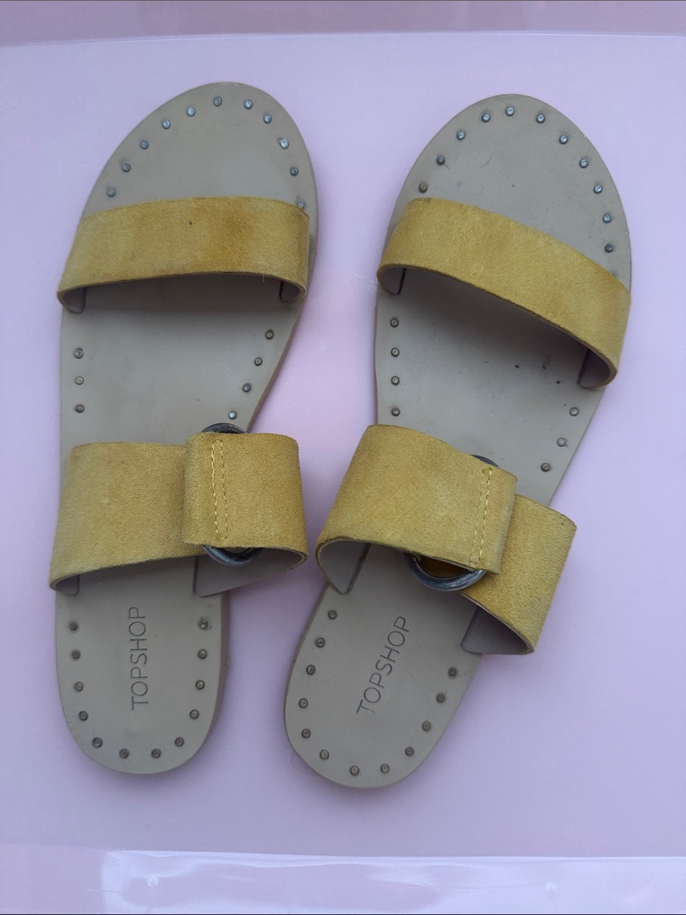 Topshop Yellow Suede Double Strap Slide Sandals
